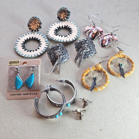 Western Earring Lot 7 Pairs Turquoise Steer Head Dreamcatcher Horse Hoops - Picture 2 of 7